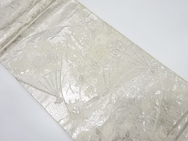 JAPANESE KIMONO / ANTIQUE FUKURO OBI / SILK / WOVEN FAN & FLOWER